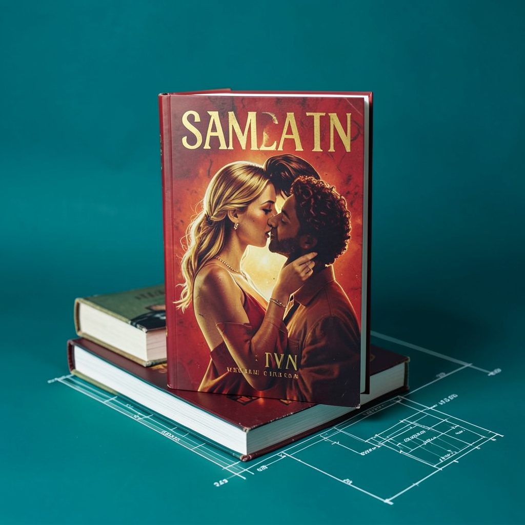 A romance novel with a bold, passionate cover in crimson and gold tones, propped against a stack of books