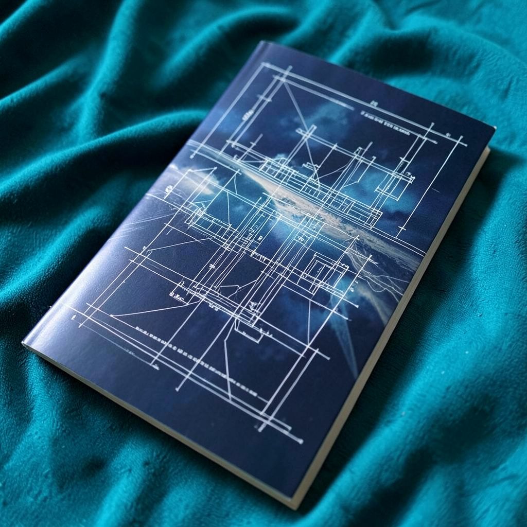 A romance paperback with a moody, atmospheric cover in navy blue and silver, lying open on a textured fabric surface
