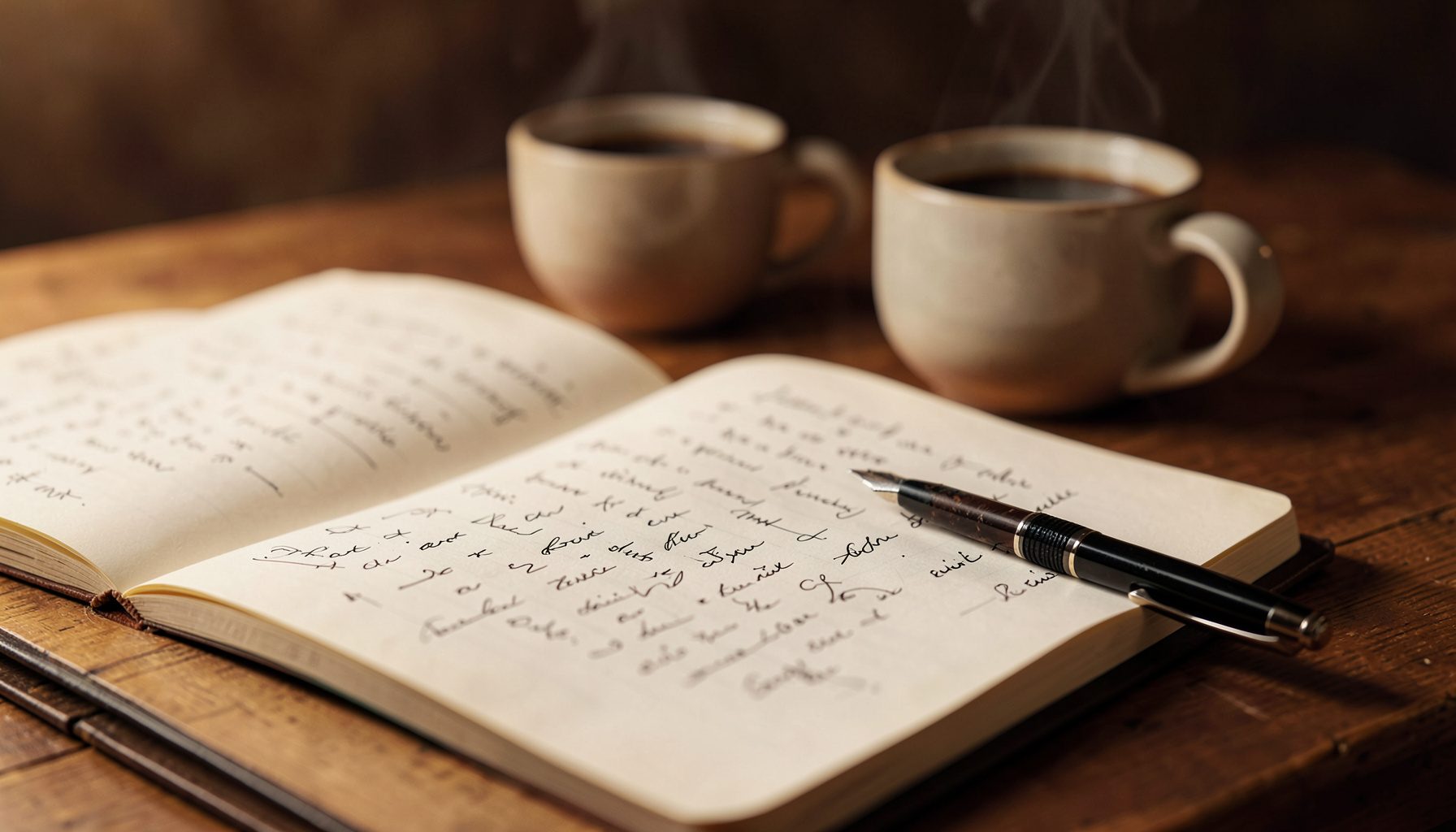 A warm, softly lit close-up of an open journal resting on a wooden desk beside a steaming cup of coffee, with a pen lying across the page