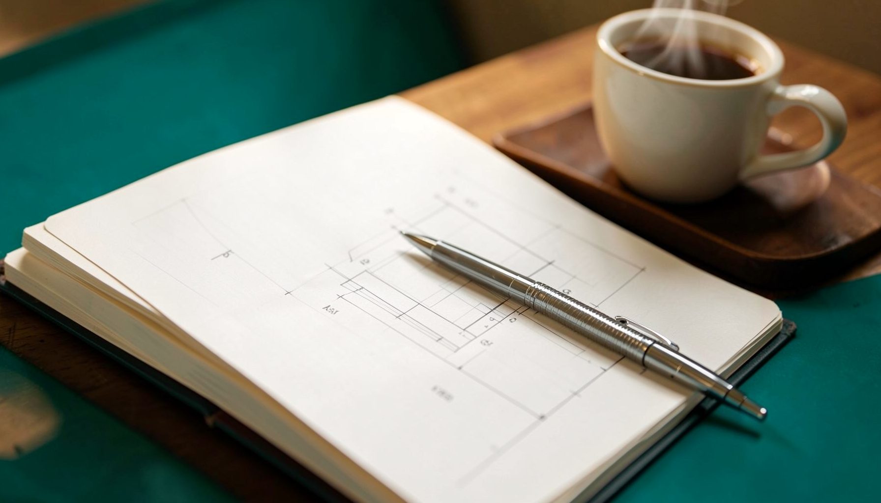 A warm, softly lit close-up of an open journal resting on a wooden desk beside a steaming cup of coffee, with a pen lying across the page